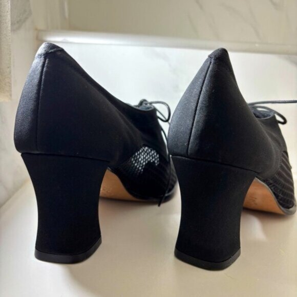 Amalfi (7.5 B) Elegant Italian Black Mesh Oxford Square Toe Lace Up Heels - Picture 2 of 9